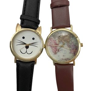 Bundle of 2 Faux Leather Strap Cat & Map Watches - Need Batteries